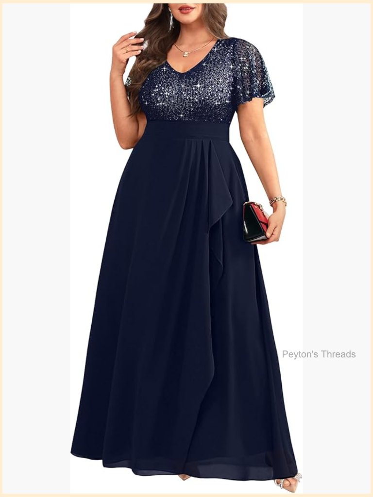 Sequin V-Neck Formal Evening Gown With Cap Sleeves